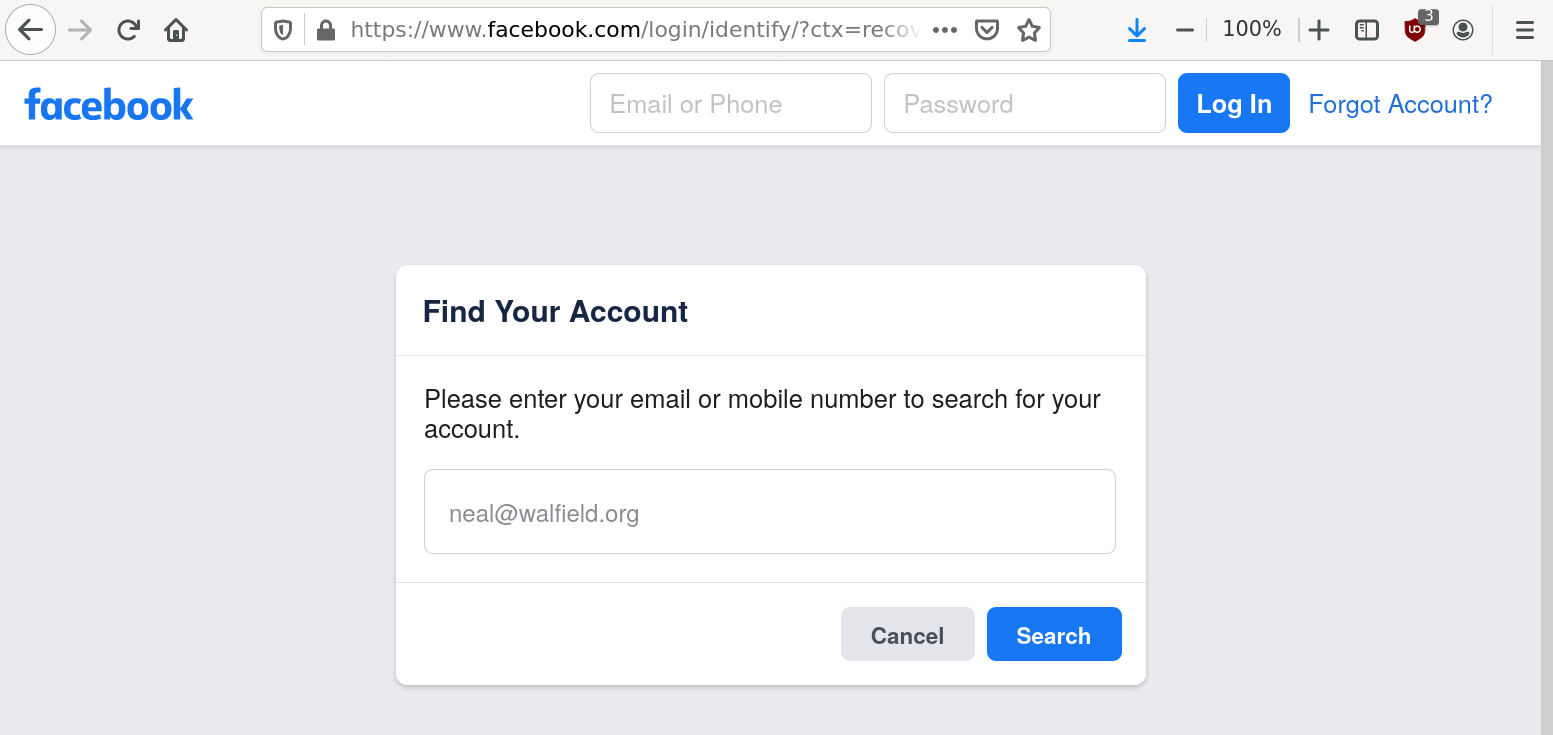 A screenshot of Facebook's recover tool.  The prompt asks for the user's email address or mobile phone number.